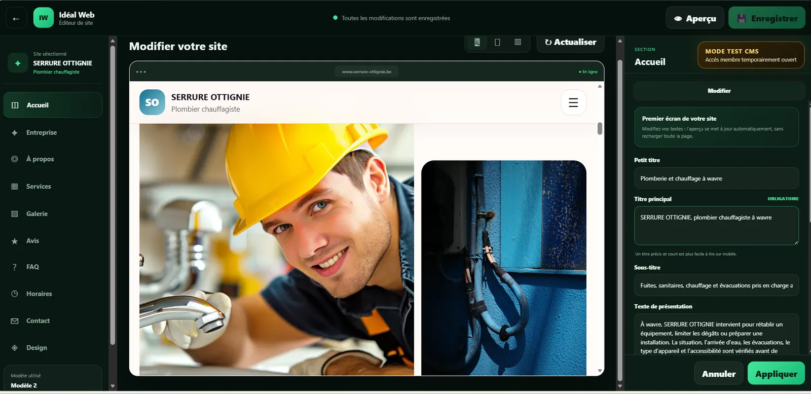 Capture réelle de l’espace Modifier mon site avec menu des sections, aperçu du site et formulaire de modification