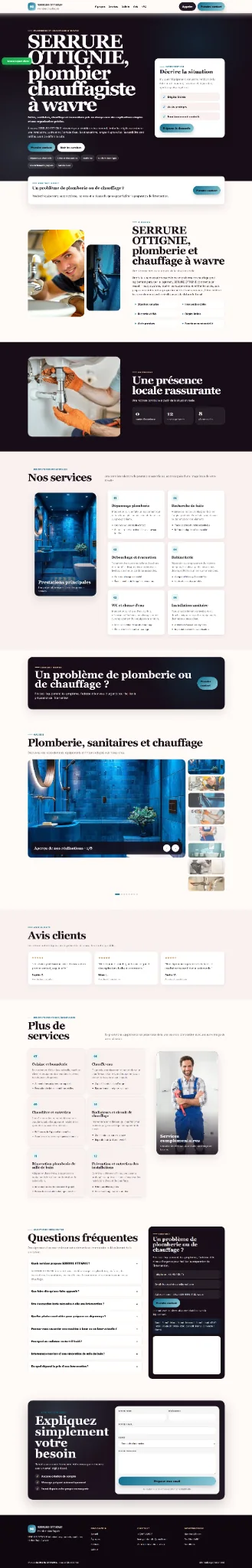 Capture complète d’un site professionnel pour plombier chauffagiste, de l’accueil au formulaire de contact