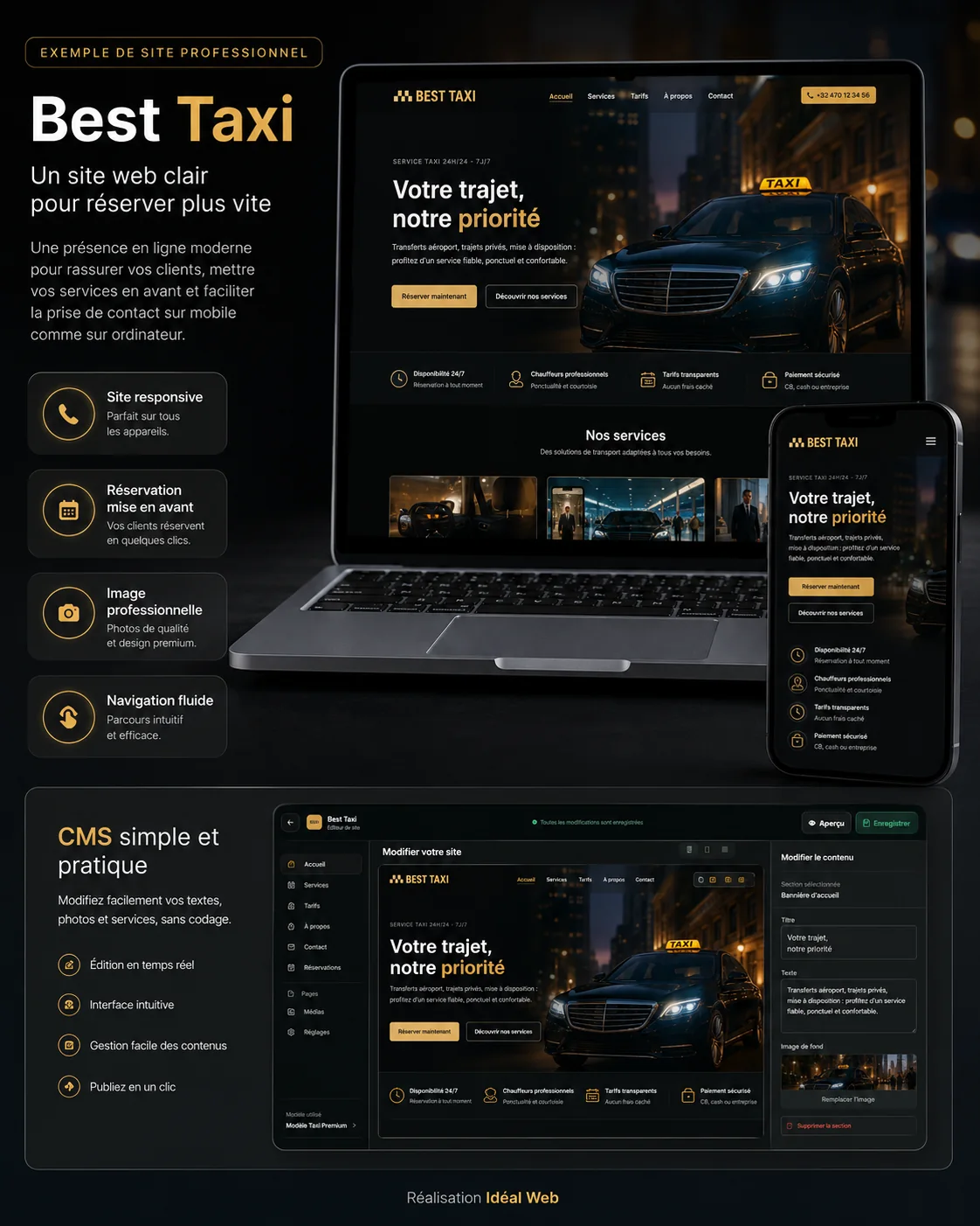 Présentation d’un site professionnel Best Taxi avec version ordinateur, mobile et CMS