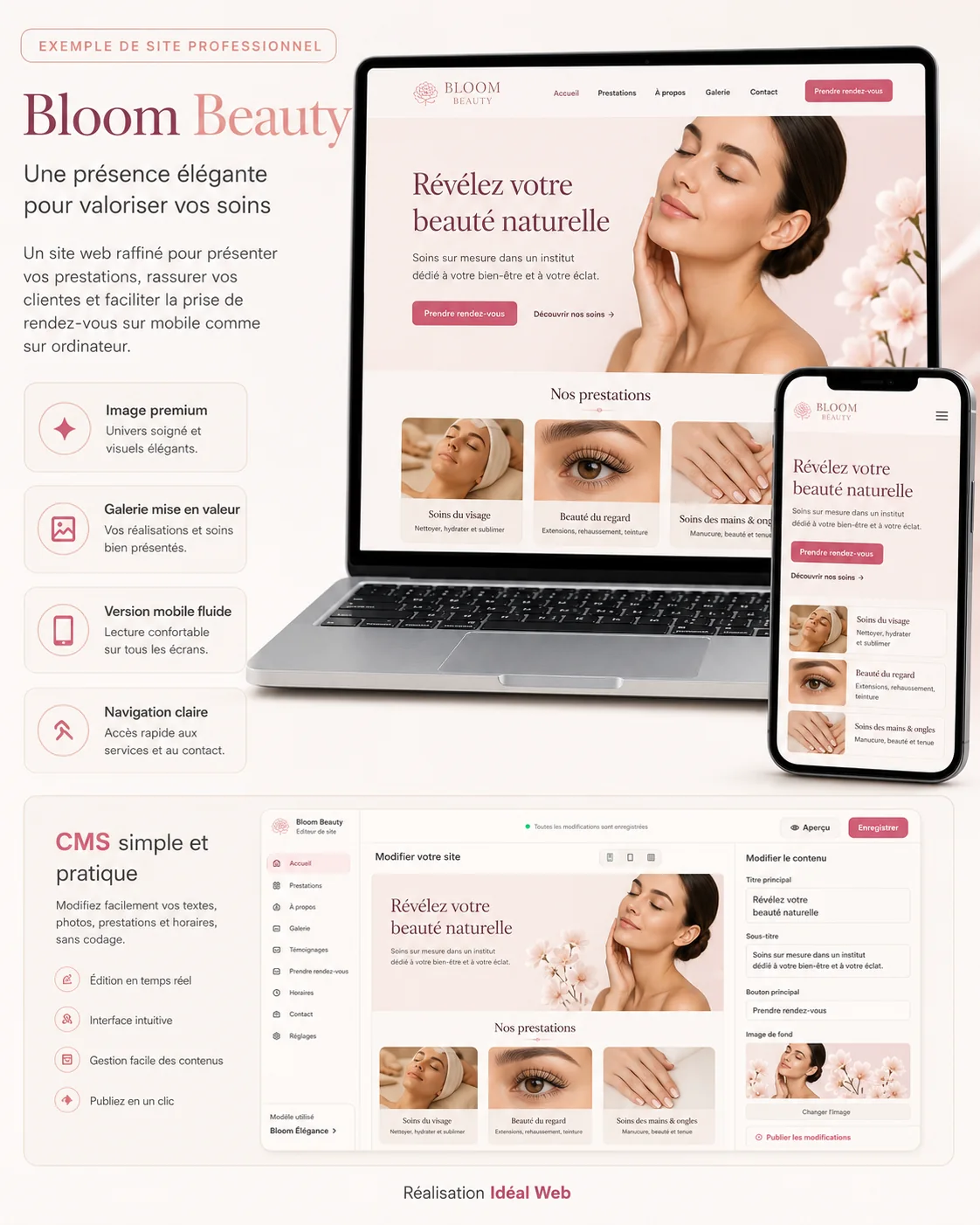 Présentation du site Bloom Beauty avec version mobile et espace Modifier mon site
