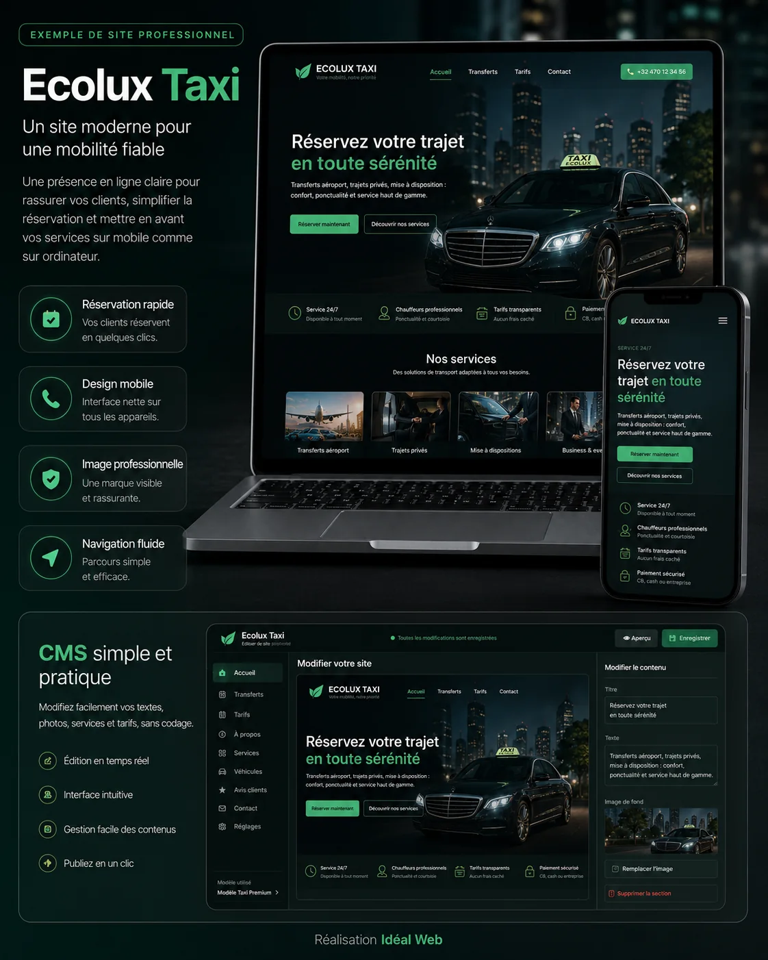 Présentation du site Ecolux Taxi avec réservation mobile et CMS