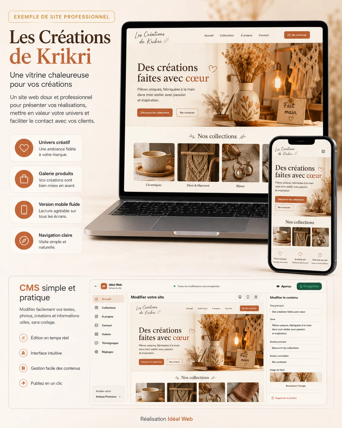 Présentation du site Les Créations de Krikri avec galerie artisanale et CMS