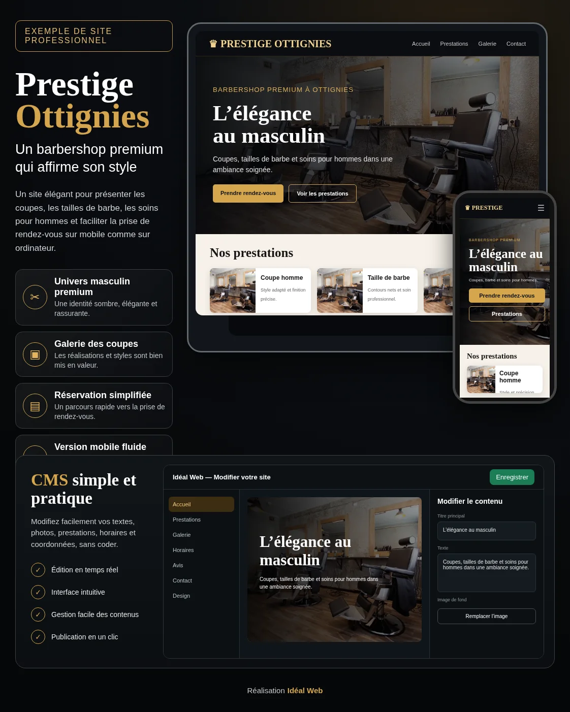 Présentation du barbershop Prestige Ottignies avec site responsive et CMS