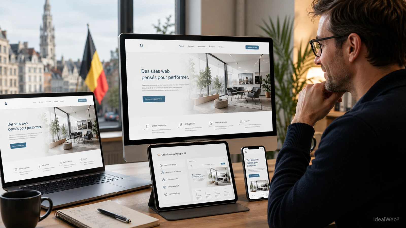 Site web professionnel Idéal Web affiché sur ordinateur, tablette et smartphone